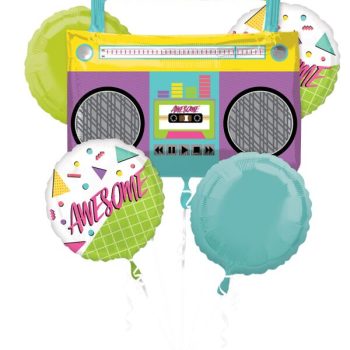 Colorful balloons and a retro boombox create a lively party vibe.