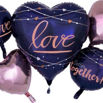 Heart-shaped balloons with love-themed messages in dark blue and pink.