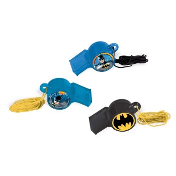 Three toy whistles with Batman logo designs.