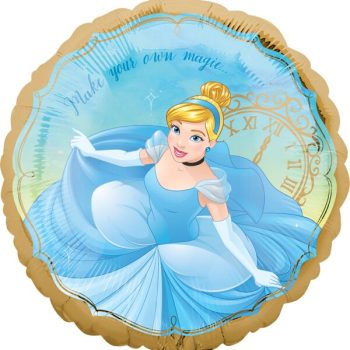 Cinderella in a blue ball gown with a golden clock backdrop.