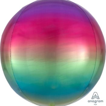 A shiny, multicolored metallic balloon with gradient hues of pink, purple, and teal.