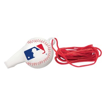 A white whistle shaped like a baseball with a red string.