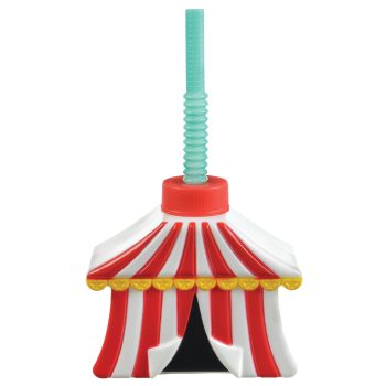 A red and white striped circus tent with a teal chimney on top.