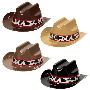Four cowboy hats in different colors with animal print bands.