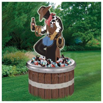A cowboy figure standing on a wooden barrel, holding a bottle in each hand.