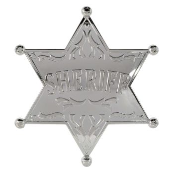 Shiny silver sheriff badge with six points and engraved details.