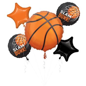 Basketball-themed balloons with "Slam Dunk" text.