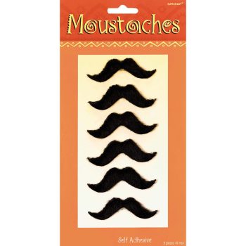 A pack of six black stick-on mustaches in various styles.