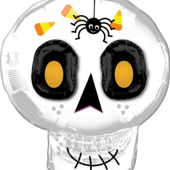 Skull balloon with spider and candy corn.