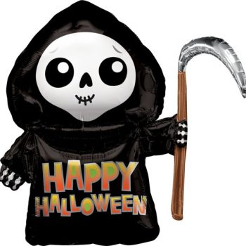 Cute skeleton with scythe, "Happy Halloween" text.