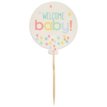 A pastel-colored 'Welcome Baby!' sign on a stick.