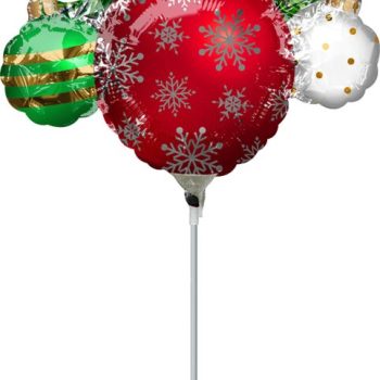 Festive Christmas balloons in red, green, and white with holiday patterns.