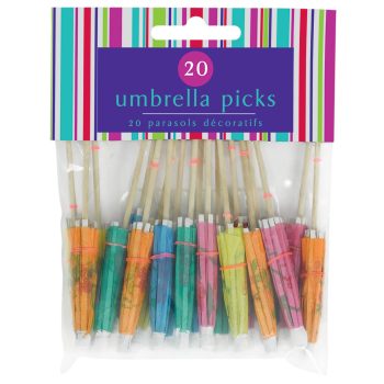Colorful cocktail umbrella picks in packaging.