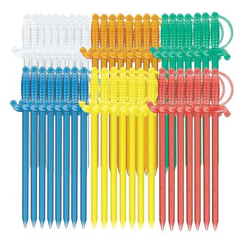 Colorful plastic tent pegs arranged by color.