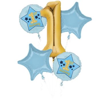 A balloon bouquet with a large gold number one and blue stars.