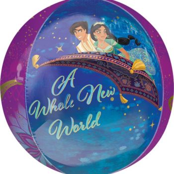 Aladdin and Jasmine fly on a magic carpet over a starry night sky.