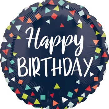 Happy Birthday balloon with colorful geometric patterns.