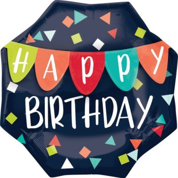 Colorful Happy Birthday banner with flags and confetti on a dark background.