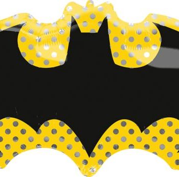 Stylized Batman logo with yellow polka dots and a black background.