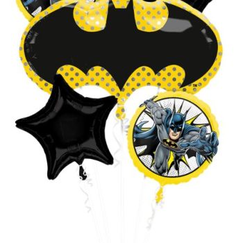 Three Batman-themed balloons with bold colors.