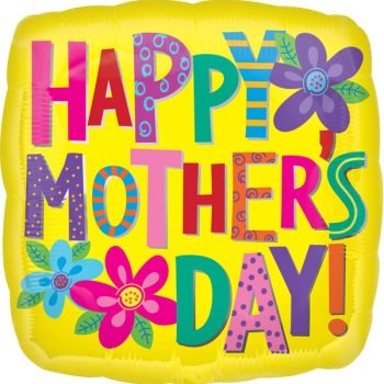 Colorful Happy Mothers Day balloon with flowers.