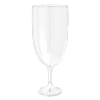 Clear plastic wine glass on white background.