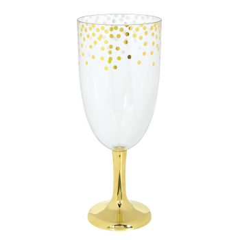 Gold polka dot wine glass with gold stem.