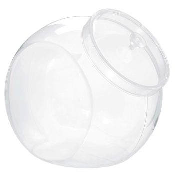 Clear plastic jar with lid, tilted sideways.