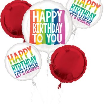 Birthday balloons with colorful messages and designs.
