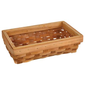Rectangular woven wooden basket, empty.