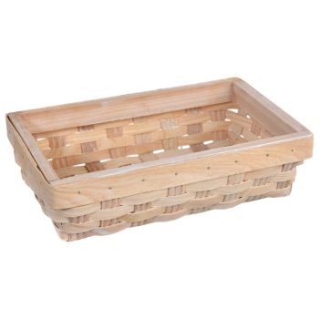 Rectangular woven wooden basket for storage.