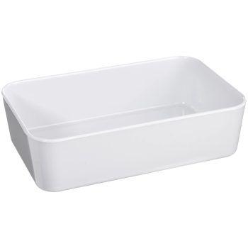 White rectangular plastic storage container.