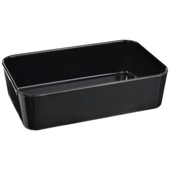 Black rectangular baking dish on white background.