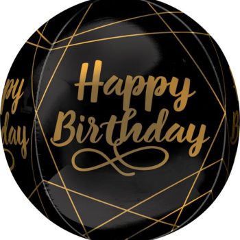 Black balloon with golden Happy Birthday text and geometric lines.