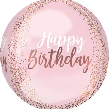 A pink and rose gold Happy Birthday balloon.