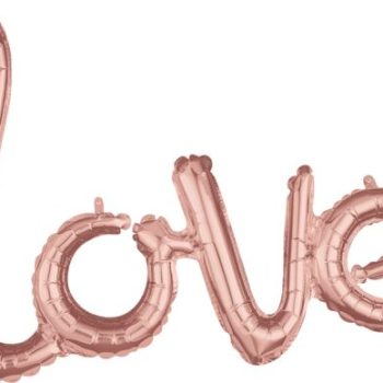 Rose gold balloon spelling the word 'love'.