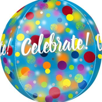 Colorful balloon with 'Celebrate!' text and confetti dots.