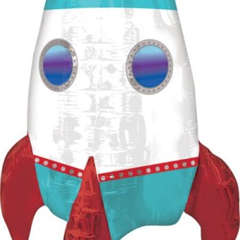 A cartoon-style rocket with red fins and blue windows.