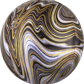 Swirling abstract sphere with gold, black, and white patterns.