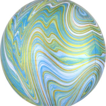 A colorful swirling marble with blue, green, and yellow hues.