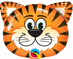 A cheerful cartoon tiger face with big eyes and a smiling expression.