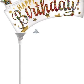 A gold and white "Happy Birthday" balloon on a white stick.