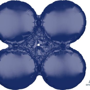 Four large, round, dark blue balloons grouped together.