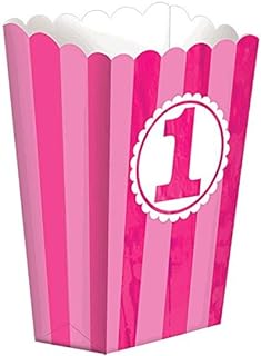 Pink striped party favor box with number one decoration.