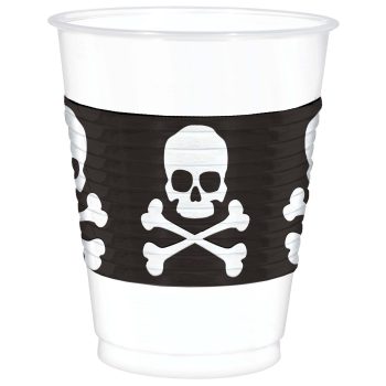 Plastic cup with skull and crossbones design.