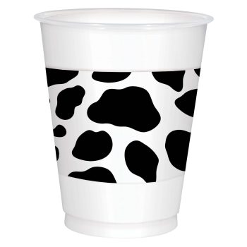 White plastic cup with black cow spots design.