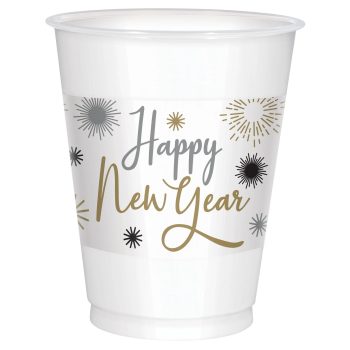 Happy New Year Printed Plastic Cups - Black, Silver, Gold, 25ct