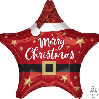 Red star balloon with Merry Christmas text.