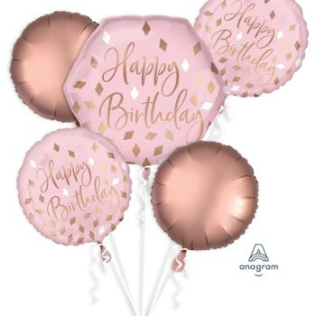 Pink and gold "Happy Birthday" balloons arrangement.