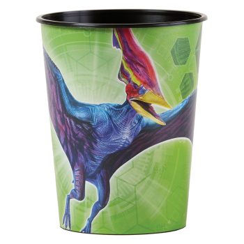 Colorful dinosaur cup with green background design.